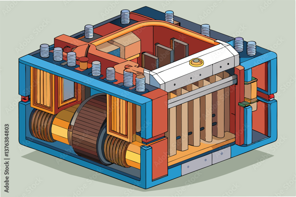 Poster detailed vector illustration of an electric motor showing components like windings, stator, and roto