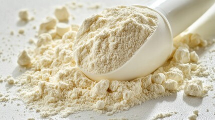 Scoop of Whey Protein Powder on Clean White Surface