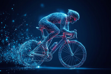 Digital sports technology concept of glowing blue wireframe of a cyclist pedaling bicycle in neon blue light