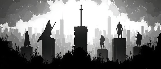 Silhouetted warriors with city backdrop.
