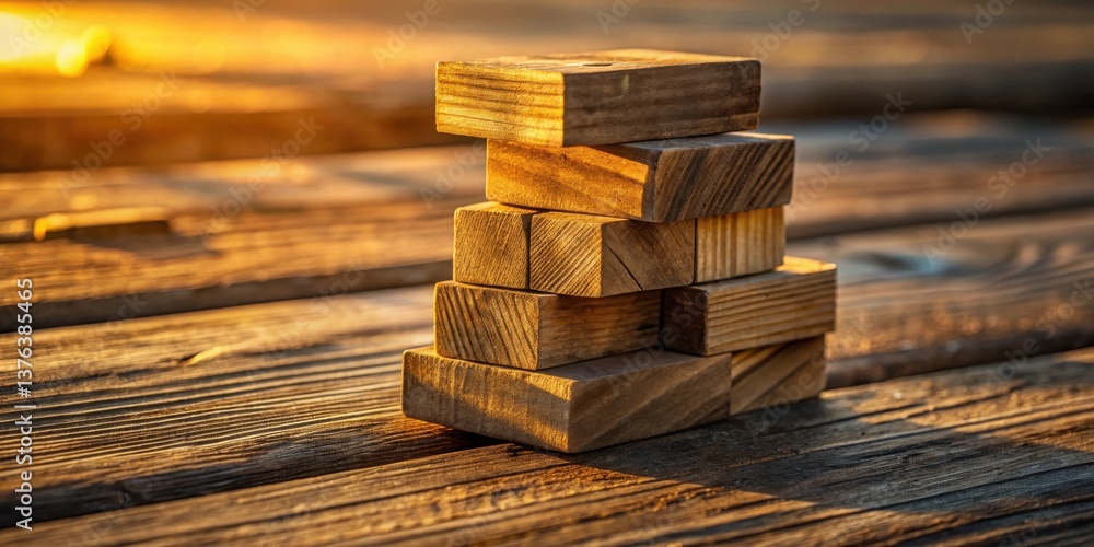 Aufkleber golden hour wooden blocks stacked on rustic surface a study in balance and texture