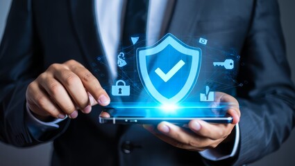 A man is holding a tablet with a blue shield on it. The shield has a checkmark on it, which suggests that it is secure or protected