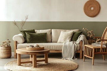 Cozy Living Room Decor Beige Couch, Green Pillows, Wood Accents, Relaxing Interior