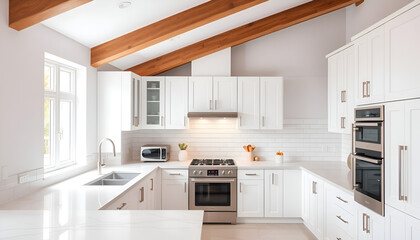 Fototapeta premium Modern White Kitchen with Wooden Beams - Bright and Clean Kitchen Interior Design