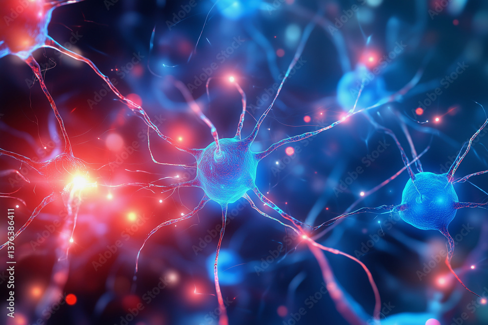 Poster close up of three neurons with red and blue colors. the neurons are connected to each other and are 