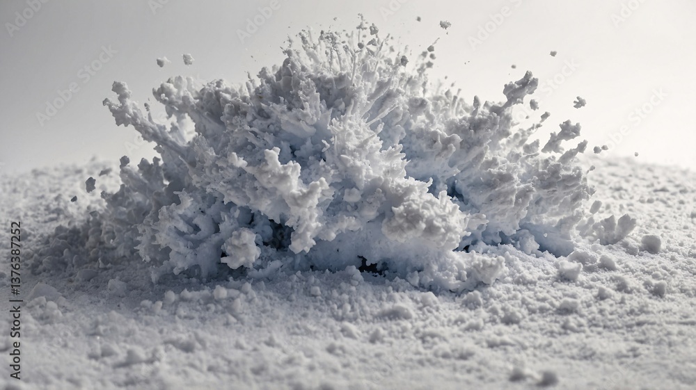 Poster a dynamic explosion of white powder creating a mesmerizing splash effect.