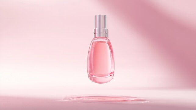 floating pink perfume bottle against soft pink background creates feeling of elegance and luxury. beauty product design, advertising, cosmetics marketing. promotional banner with copy space
