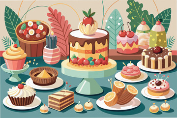 Colorful vector illustration depicting a variety of desserts displayed on a table in a cheerful setting, showcasing cakes, pastries, and sweet treats
