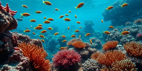 Naklejka premium Vibrant Underwater Scene Showcasing a Thriving Coral Reef Ecosystem with a School of Colorful Fish Swimming Amongst the Lush Orange and Pink Coral Formations