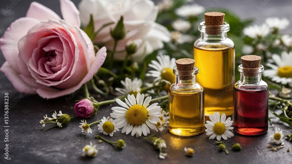 Poster aromatherapy oils displayed with flowers on a rustic surface in a serene setting