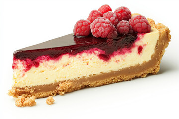 close-up photograph of a slice of raspberry cheesecake on a white background
