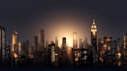 City skyline at dusk with illuminated buildings and a glowing horizon showcasing urban life and architecture, cityscape concept