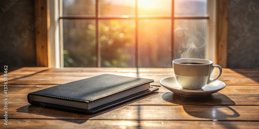 Poster warm morning light streams through a window, illuminating a steaming cup of coffee and a closed jour