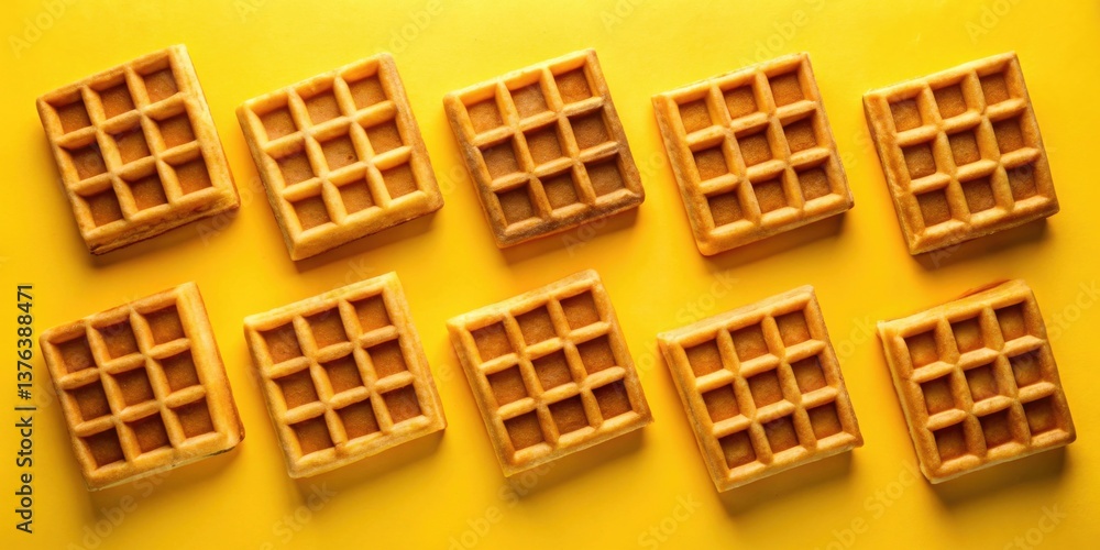 Poster A delightful arrangement of golden-brown waffles displayed on a vibrant yellow background, creating a visually appealing and appetizing pattern.
