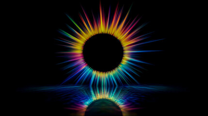 Vivid beams of multicolored light burst outward from a deep, dark central circle against a stark black background, creating a mesmerizing abstract design with a subtle, mirror-like reflection below