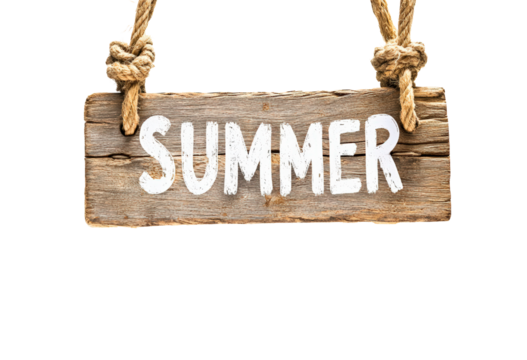 Wooden sign displaying summer isolated on transparent background