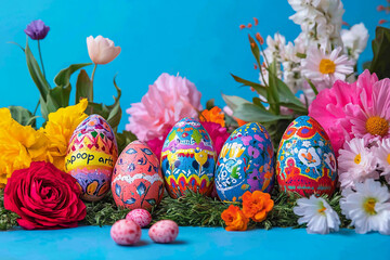 Brightly decorated Easter eggs stand among an array of fresh spring flowers, creating a cheerful and festive atmosphere perfect for celebrating the season