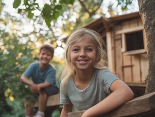 Children's Joyful Adventure in Nature: Smiling Kids Enjoy a Summer Day of Play and Exploration in a Treehouse Playground