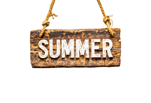 Wooden sign displaying summer isolated on transparent background