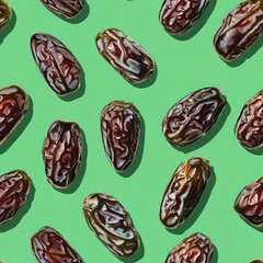 Seamless pattern Medjoul or Raisins flat lay on plate soft green background with shadow.