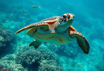 Obraz premium A majestic sea turtle gracefully glides through vibrant coral reefs, its shell adorned with intricate patterns, a testament to the beauty of underwater ecosystems.