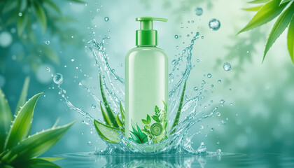 Green Natural Skincare Cosmetics Product Pump Bottle with Splashing Water and Elovera 