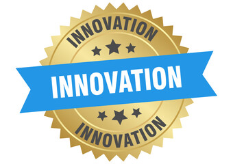 innovation. innovation round blue and gold label isolated on transparent background