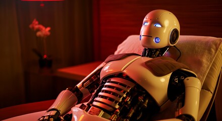 Futuristic humanoid robot relaxing in modern room with warm lighting