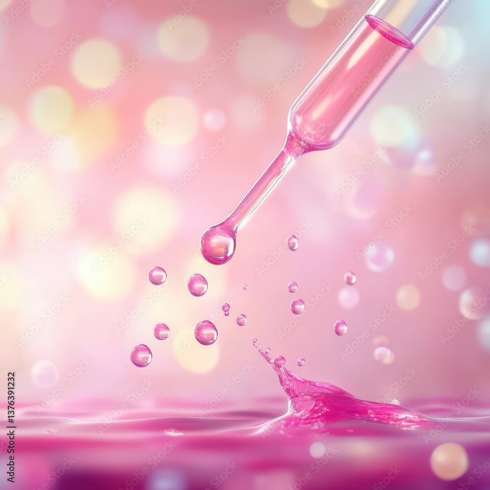 Poster mischievous animated pipette creates colorful bubbles in pink liquid studio setting high-resolution 