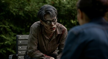 Obraz premium Asian male zombie encounter with female in park setting