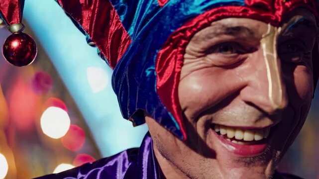 Elderly person with feathered masquerade mask smiling. Joy of celebration across generations, ageless participation in carnival with light bokeh, bright joy.