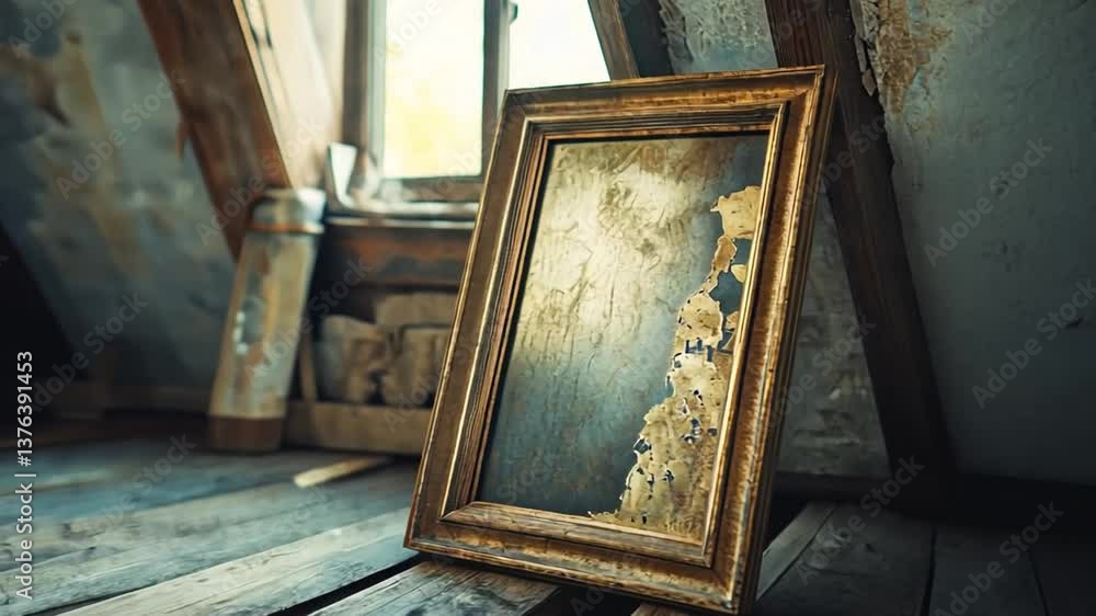 Poster antique distressed mirror in rustic attic with sunlight streaming through window and weathered woode