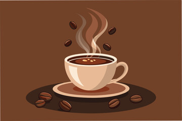 Warm cup of coffee with steaming aroma and scattered coffee beans on a rich brown background in a cozy setting