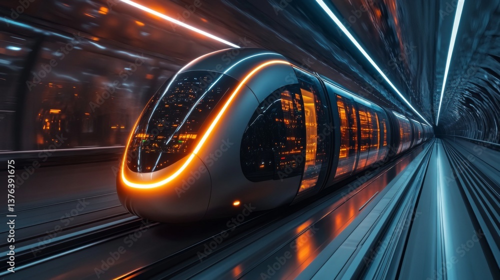 Aufkleber an autonomous train moves swiftly through a futuristic tunnel, showcasing cutting edge technology in