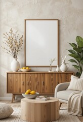 Interior home showcasing a wooden cabinet against a textured wall, complimented by a framed art piece and various decorative elements.