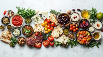 A flat lay of a vibrant mediterranean mezze spread featuring a variety of delicious foods for sharing and enjoyment