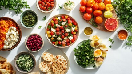 Colorful table display featuring a variety of mediterranean dishes including dips, olives, and fresh vegetables