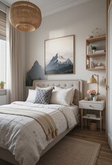 Tranquil bedroom with mountain art, featuring a cozy bed, natural light, woven light fixture, and minimalist bedside decor.