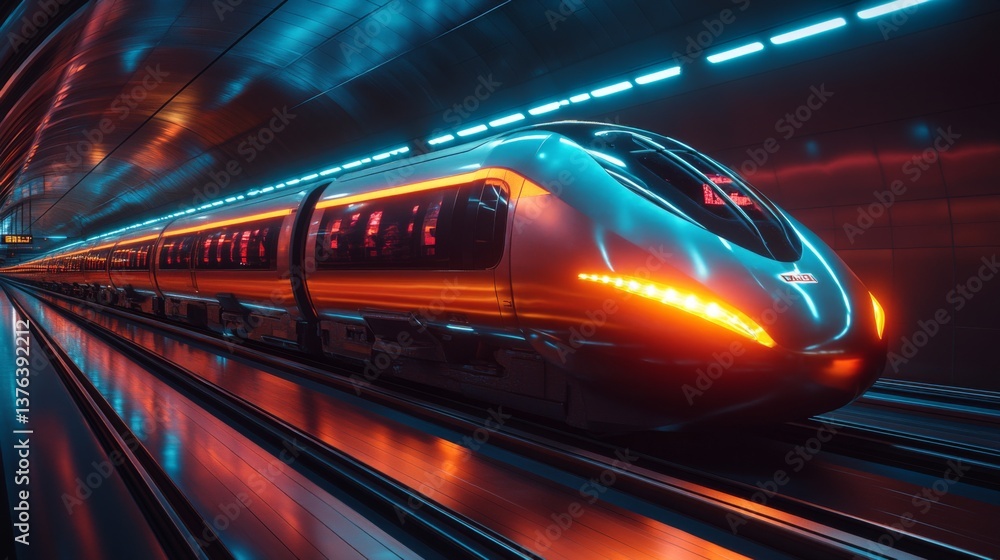 Aufkleber a sleek smarttrain designed for autonomous transportation moves through an intricately lit urban tun