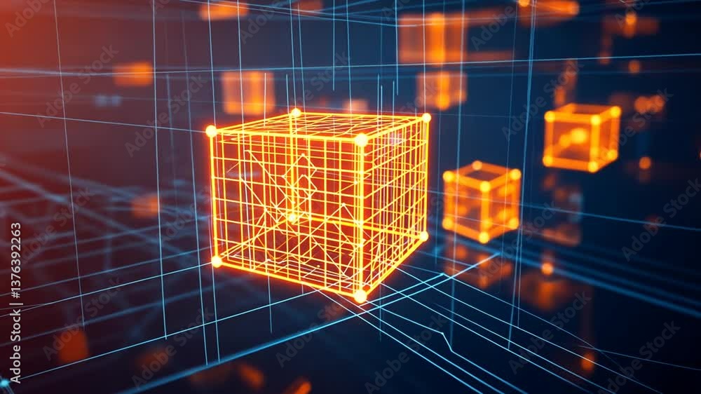Aufkleber abstract futuristic technology background with glowing wireframe cubes and lines