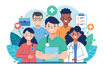 Healthcare professionals collaborating in a modern medical office setting with diverse team members