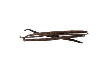 Vanilla pods isolated on white background. Vanilla flowers and seeds. vanilla stick bean. Aromatic spicy spice for pastries and desserts. Seasoning. Space for text. Copy Space