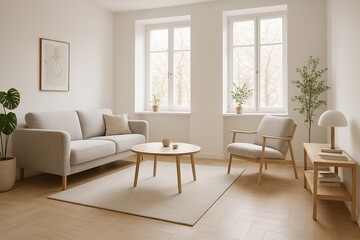 Fototapeta premium Bright living room with neutral tones, natural wood furniture, a light gray sofa, accent chair, and view to the outside.