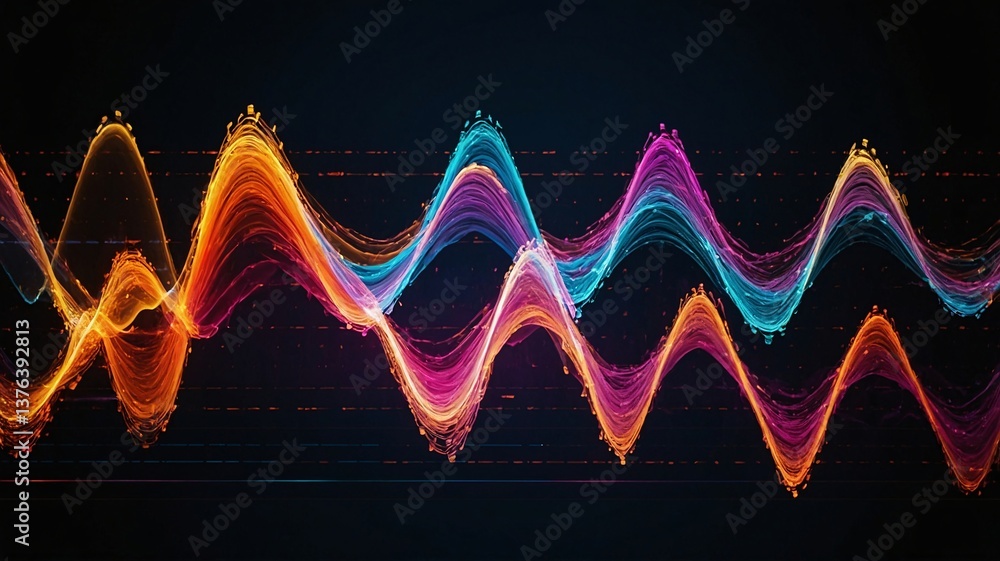 Poster colorful sound waves in vibrant hues create a dynamic visual effect, symbolizing energy and rhythm.