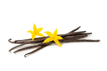 Vanilla pods isolated on white background. Vanilla flowers and seeds. vanilla stick bean. Aromatic...