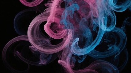 Obraz premium Colorful swirls of pink and blue smoke dance gracefully against a dark background, creating an ethereal visual experience.