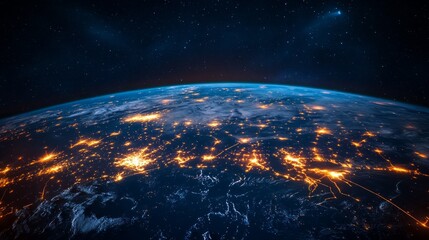 Night panorama of Earth from space with backlit cities, ideal for scientific or educational materials.