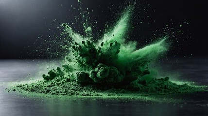 Naklejka premium A vibrant explosion of green powder creating dynamic textures against a dark background.