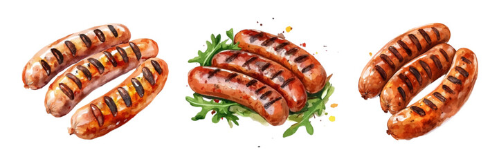 Watercolor set of sausages on the grill. Sausages fried on fire with strips from the grill. Meat dishes cooking food on fire and smoke. Concept of picnic, barbecue, weekend in nature. 