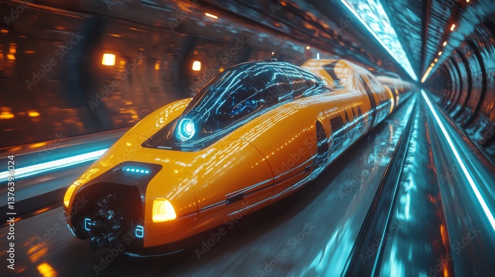 Poster A bright orange autonomous smarttrain is speeding through a futuristic tunnel designed for advanced transportation, showcasing innovative control systems and automation technologies in action.
